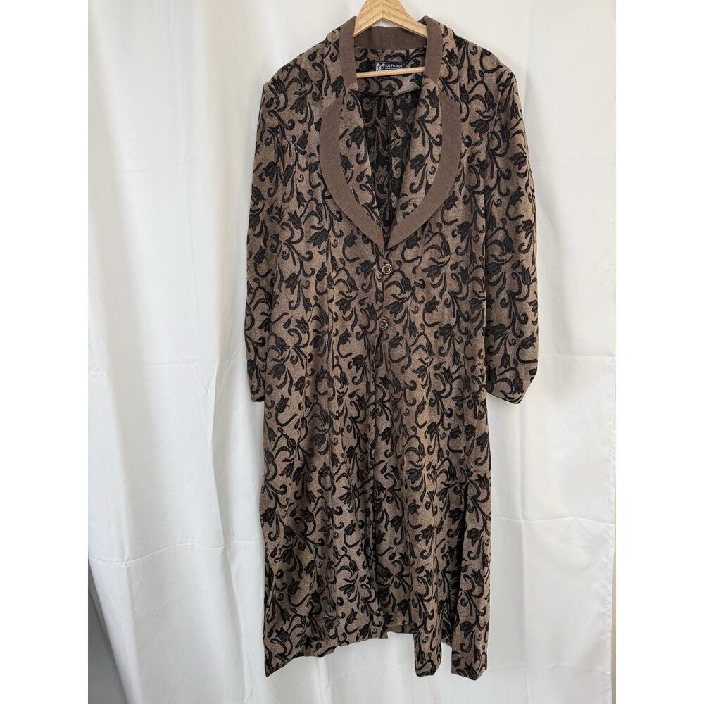 Vintage DE FRANCE Tapestry Coat Size L Brown Black Floral Long Jacket Hippie
